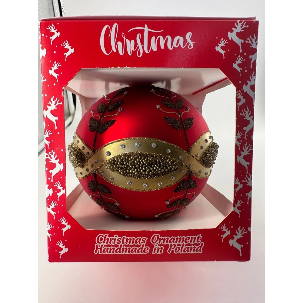 Szklo-Dekor Polish Glass Christmas Ornament Red Gold Beaded Handmade Poland 4in‎